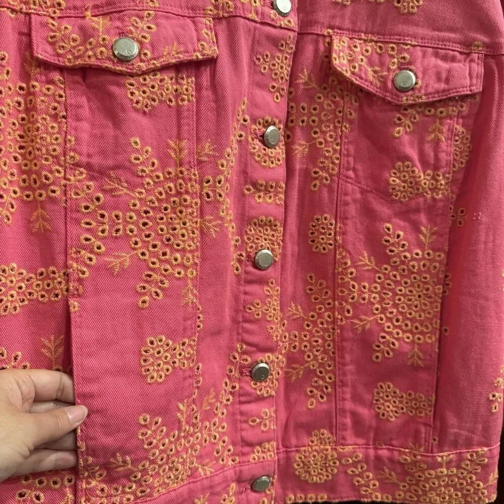 G by Giuliana Women's Black Label Puff-Sleeve Eyelet Jean Jacket Magenta Size 1X